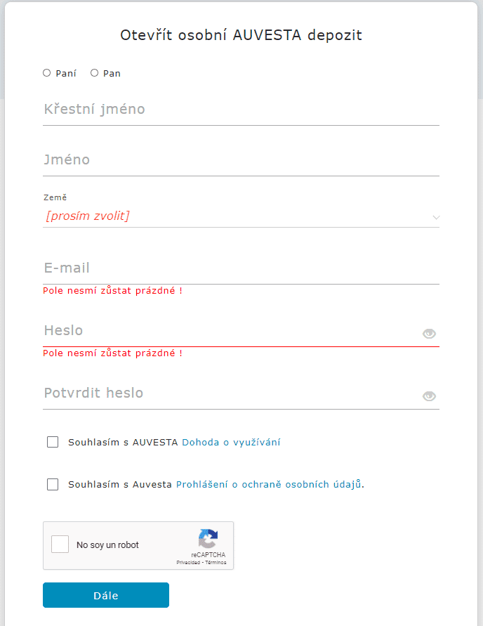 záznam formuláře Auvesta
