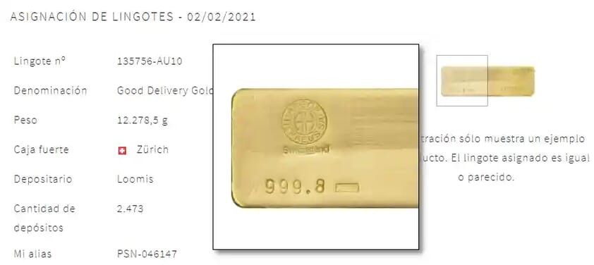 Detalles ubicación lingote de oro en Auvesta